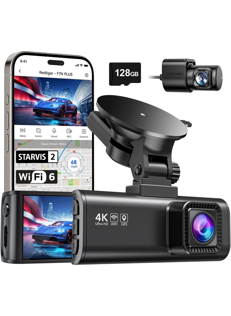 ريد تايجر كاميرا تابلوه امامية وخلفية 4K من اف 7 ان بي، كاميرا مزدوجة للسيارة للرؤية الليلية، واي فاي مدمج، بطاقة 32GB، شاشة IPS 3.2 انش، رؤية واسعة 170 درجة، WDR، شاشة وقوف السيارات 24 ساعة - Image 1